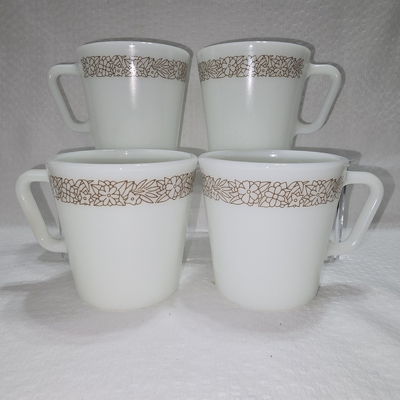Vintage Pyrex White Mugs with Brown Floral Design Set Of 4 Euc - Picture 2 of 10